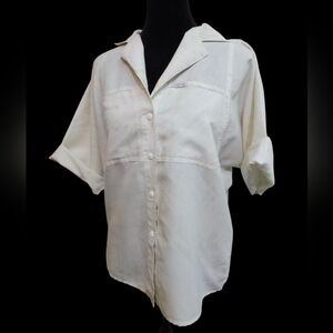 Vintage 80s CABRAIS Pastel Tropical  3/4 Sleeves Button Up Top Cool Pockets